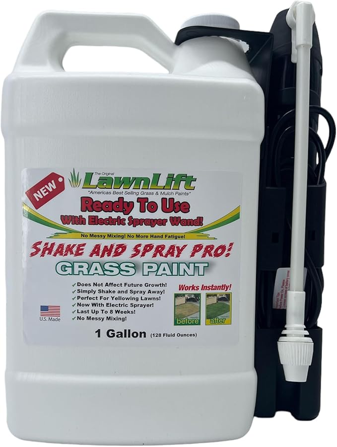 LawnLift 1-gallon ready to use grass paint, shake and spray pro with electric sprayer wand. No more messy mixing. Instantly transform your lawn.