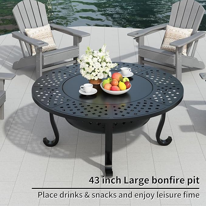 43 Inch Fire Pit with 2 Grill for Outside, Outdoor Wood Burning Firepit with Lid, Metal Round Table for Backyard Patio Garden Picnic Camping Bonfire, Black