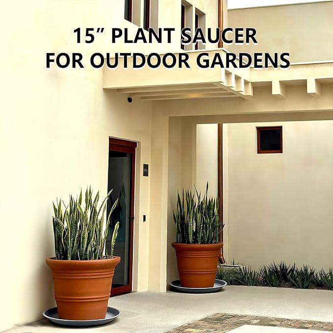 6 Pack 15 Inch Gray Plant Saucer Trays, Heavy Duty Plastic Planter Bases for Big Flower Pots, Durable Water Catcher Plates Indoor Outdoor Use