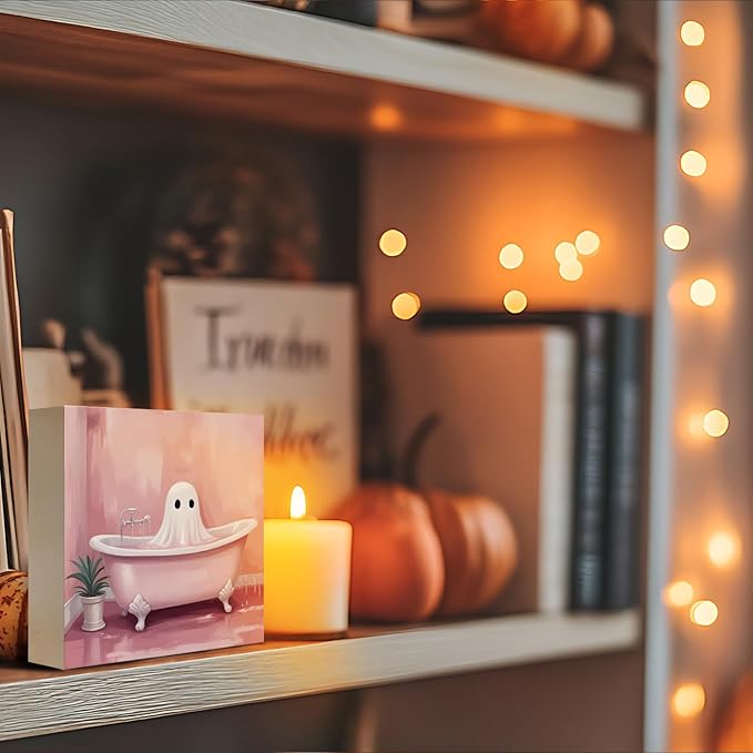 Mtrgdn Cute Halloween Decor,Halloween Decorations Indoor,Pink Ghost Bathroom Decor Wooden Box Sign,Halloween Home Office Kitchen Bathroom Bedroom Desk Table Shelf Wall Decorations,5x5 Inch