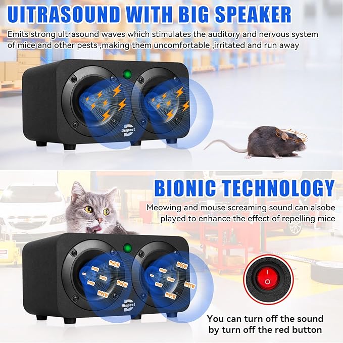 High Power Effective Plug-in Ultrasonic and Bionic, Rodent, Mouse Repeller for Building,Warehouse,Garage, Attic，Restaurant,Supermarket, and More. Coverage up to 2000 Square Feet When No Barriers