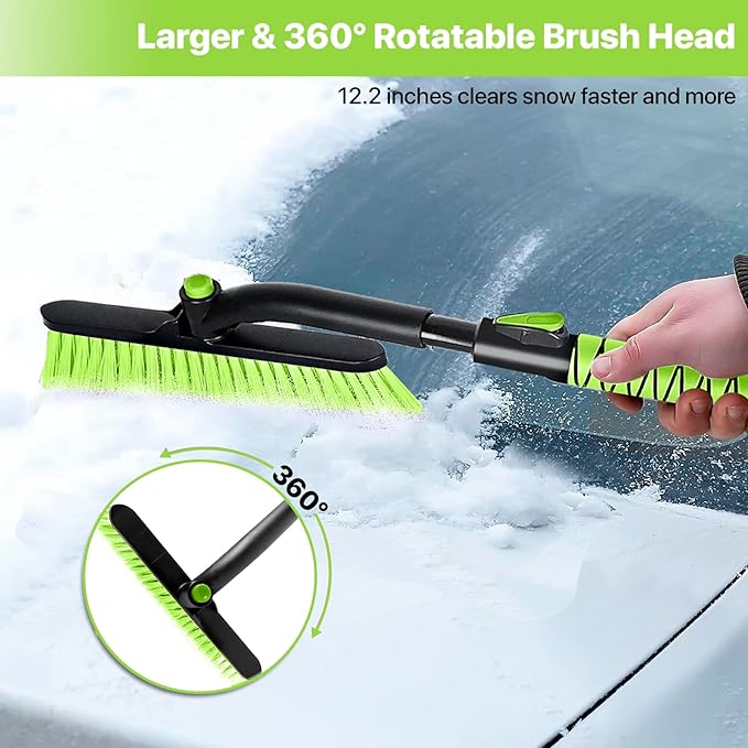 44" Ice Scraper and Snow Brush for Car Windshield with Extendable, 360° Pivoting, Soft Bristle Head, Foam Grip, for Car, Truck, SUV Window Tool (Green)
