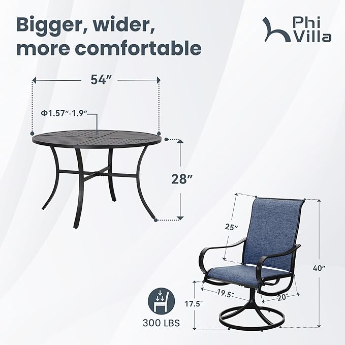 PHI VILLA 7 Piece Outdoor Patio Dining Set with 6 Swivel Dining Chairs & 1 Large Round Dining Table, Blue Textilene Mesh Fabric Chair and 54" Metal Table for All Weather