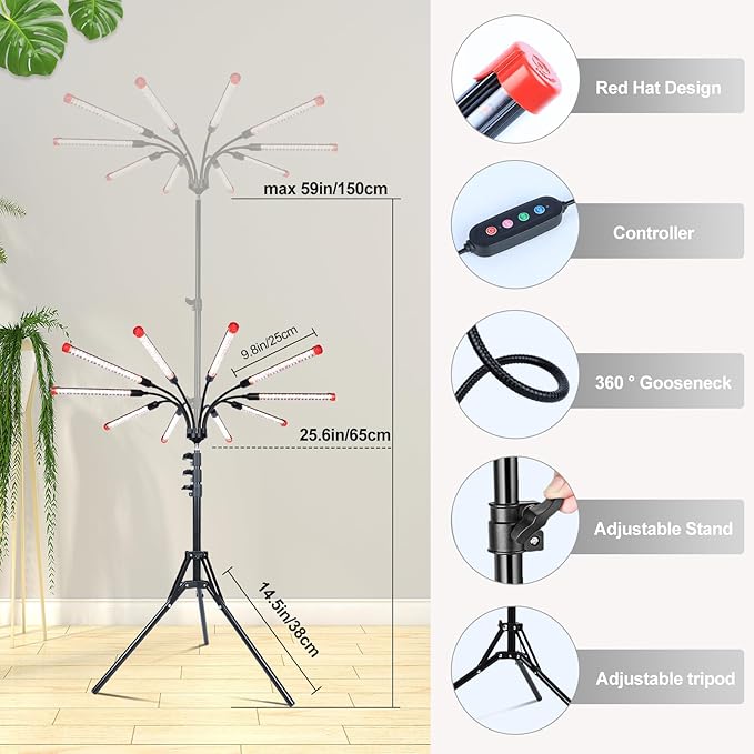 Gamechanger! 90W, NOT 24W, Bright Beyond Your Imagination, 10Head Stand Grow Lights for Indoor Plants, Big Coverage Full Spectrum LED Plant Grow Light for Bonsai Tree, Tall Plant, 4,8,12 Hr Timer