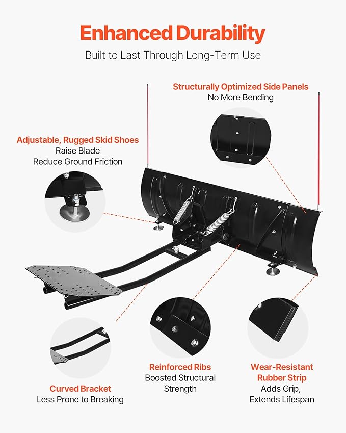VEVOR Snow Plow Blade, 43 in/72 in Width Adjustable Snow Plow Kit, Easy to Detach, Universal Mount Plowing Attachment with Rubber Flaps, Heavy Duty Steel Blade, Compatible with Most UTV & ATV