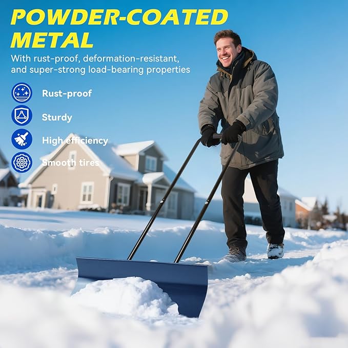 Heavy-Duty Snow Pusher Shovel,Snow Plow with Wheels,Angled Blade&Ergonomic Handle,Back-Saving Design for Efficient clearing for Drives & Paths(Blue)