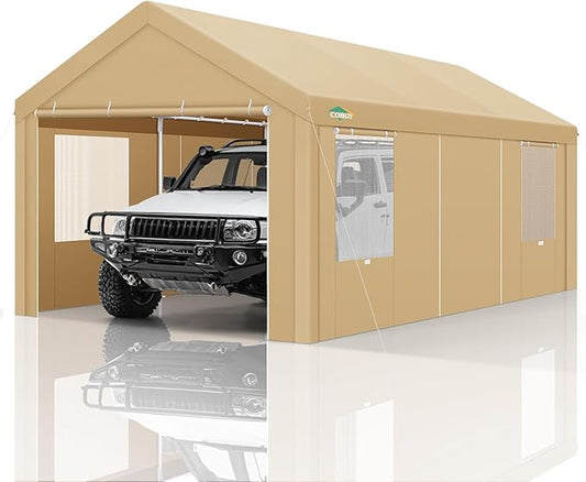 COBIZI Carport Canopy 12x20 Heavy Duty Portable Garage with Roll-Up Ventilation Windows & Doors, Removable Sidewalls Car Canopy Tent Waterproof with Built-in Sandbags for Cars, Boats, Trucks, Khaki
