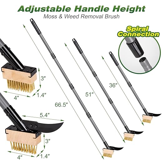 Walensee 3-in-1 Crack Weeder & Moss Remover Brush with 66.5-Inch Adjustable Handle, Weed Puller with 2 Replaceable Brush Heads and Scraper for Deck, Patio, Walkway, Driveway Crevice Cleaning Tool
