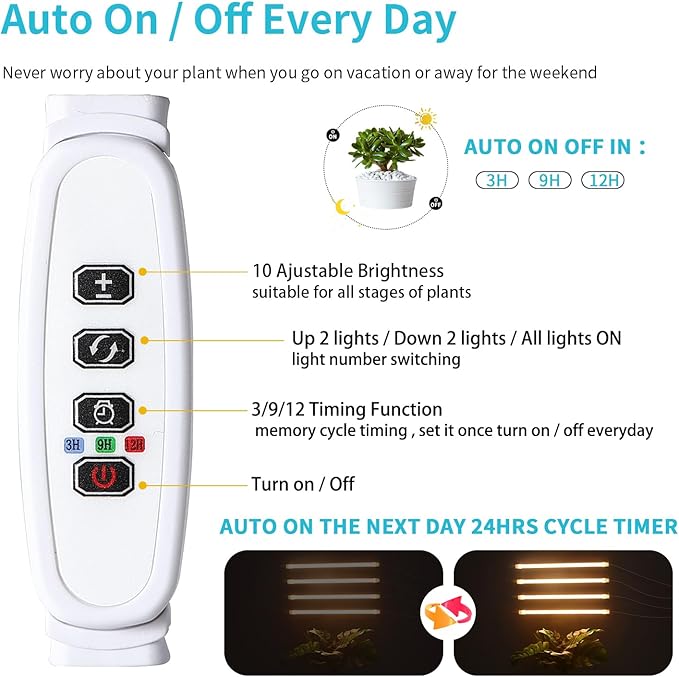 LED Grow Light Strips for Indoor Plants Full Spectrum 3500K, 192 LEDs Plant Light Bar with 3/9/12H Timer, 10 Dimmable Levels for Seedling Succulent, 13 Inches, 4 Head