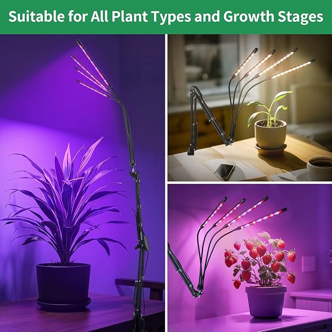 Grow Light for Indoor Plants, Full Spectrum Clip Plant Lamp for Indoor Plants, LED Growing Light with 4 Heads, Flexible Mount, 3/9/12H Timer, 10 Dimmable Level, 3 Spectral Modes