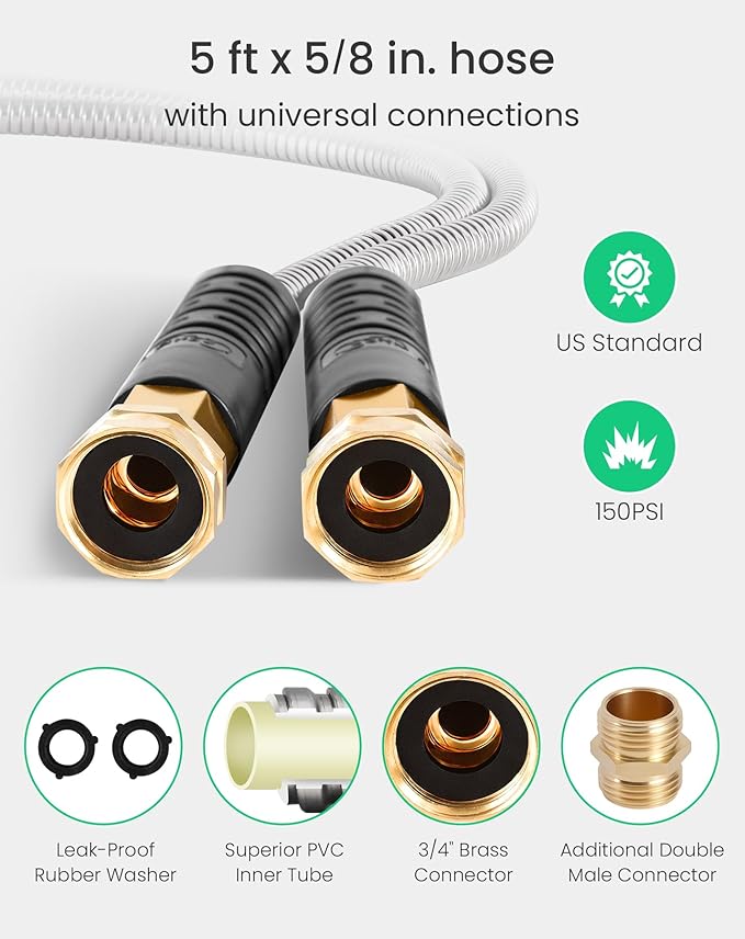 Cesun Short Garden Hose 5 ft, Small Metal Leader Hose, Drinking Water Hose, Flexible, Lightweight Stainless Steel Water Pipe for RV, Outdoor, Yard, 5ft x 5/8", Female to Female