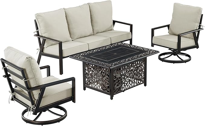 Oakland Living Black Aluminum Patio Fire Table Set with Deep Seating Sofa with Cushion and Two Club Chairs with Light Grey Cushions