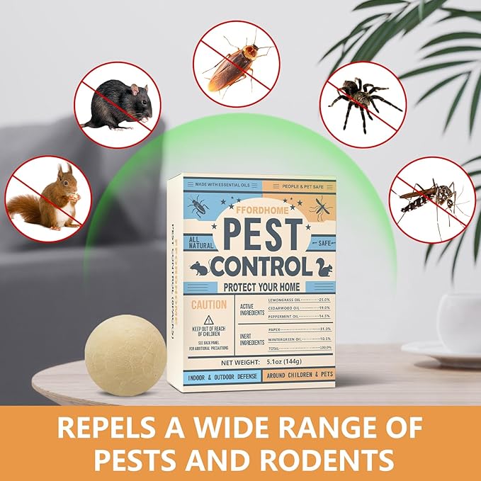 Pest Control Balls - Peppermint Pest Repellent for Mouse, Mice, Rats, Ants, Roaches, Moths & More - Strong Repel Indoor & Outdoor Mouse & Mosquito Deterrent - 8 Balls