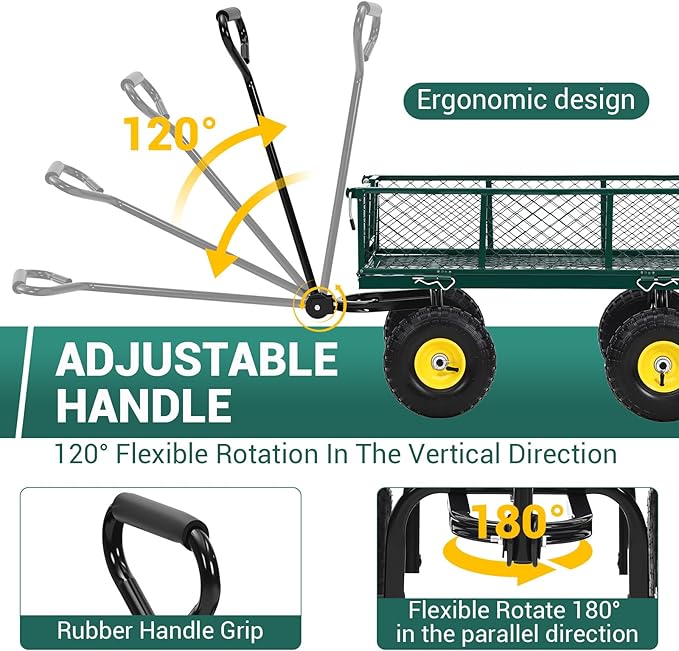 Heavy Duty Steel Garden Cart, 900 LBS 3 in 1 Pullable Metal Garden Wagon with 10" Wheels, 180° Rotating Handle and Removable Sides for Farm, Yard