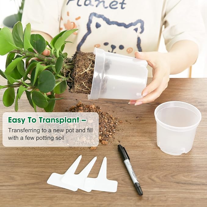 3.5 Inch Clear Nursery Pots, Transparent Plastic Plant Pots with Drain Holes, Seed Germination Starting Planter Container with 20 Plant Labels for Flowers Vegetable Seedlings 60 Pcs