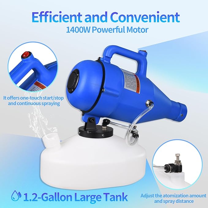 Portable ULV Fogger Machine with 4.5L Tank, Adjustable Spray Volume, 30ft Range, 16.4ft Cord, Cold Mist Disinfectant Sprayer, Lightweight Handheld for Hotel, School, Church, Yard