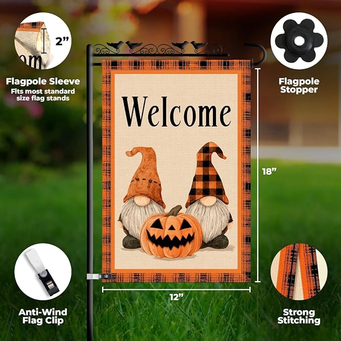 Welcome Halloween Garden Flag with Gnome and Pumpkin – 12x18 Double Sided Burlap Halloween Flag for Outside – Fall Yard Decor for Garden or Porch