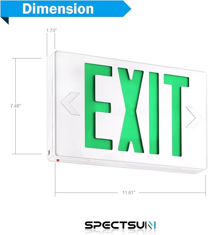 SPECTSUN 1 Pack Led Green Exit Sign with Battery Backup, LED Exit Sign, Emergency Exit Light with Battery Backup, Double Face, UL 924, AC 120/277V, Damp Location, Hardwired Red Letter Exit Lights for Business.