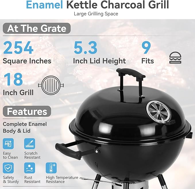 GREEN PARTY 18 inch Kettle Charcoal BBQ Grill with Wheels, Portable Charcoal Grill with Porcelain-Enameled Lid & Ash Catcher for Outdoor Cooking Barbecue Camping Picnics Tailgating, Black