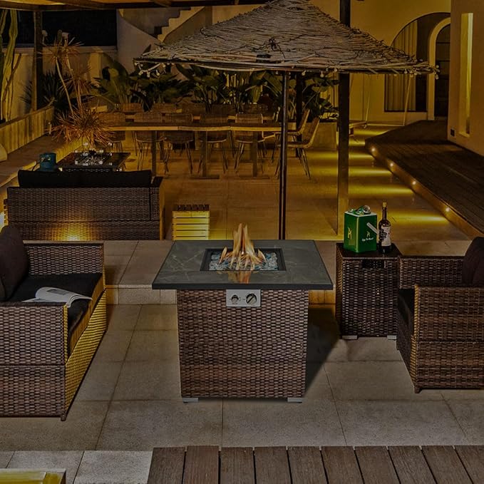 30'' Propane Fire Pit Table, Marble Textured Ceramic Tabletop, 50,000 BTU Fire Table with Brown Wicker, Mix Color Glass Rocks, Including Lid&Cover, Square