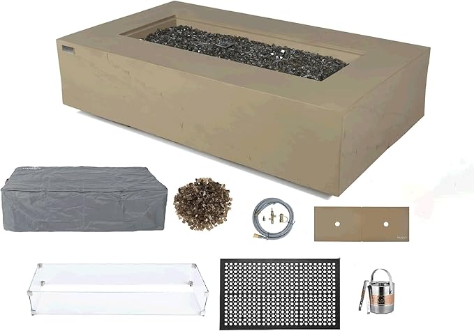 Elementi+ | Bundle Colorado Gas Fire Pit Cast Concrete 56" Rectangular Fire Table | Electronic Ignition | Canvas Cover, Fire Glass and Burner Lid Included | Sunlight Yellow | Natural Gas