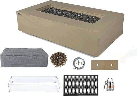 Elementi+ | Bundle Colorado Gas Fire Pit Cast Concrete 56" Rectangular Fire Table | Electronic Ignition | Canvas Cover, Fire Glass and Burner Lid Included | Sunlight Yellow | Natural Gas