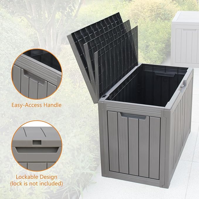 Modern-Depo 31 Gallon Waterproof Storage Deck Box Patio Furniture Organization Container with Lockable Lid, PP Outdoor Side Table for Garden, Yard, Poolside, Gray