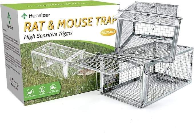 Kensizer 2-Pack Humane Rat Trap, Chipmunk Rodent Trap That Work for Indoor and Outdoor Small Animal - Mouse Voles Hamsters Live Cage Catch and Release