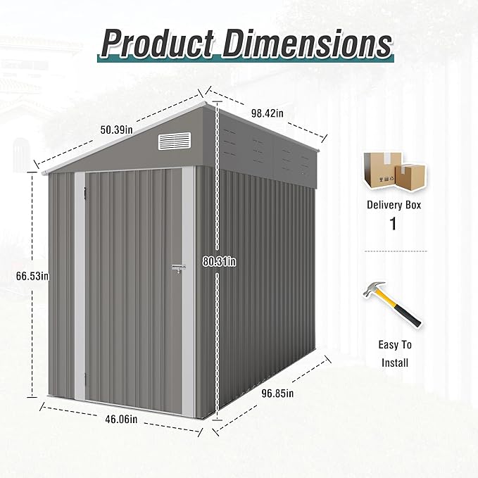 4x8 ft Lean to Shed, Outdoor Storage Shed with Lockable Door and Vents, Metal Storage Shed with 6 Vents, Outside Garden Tool Shed for Backyard, Patio, Wall Side Design (Dark Grey)