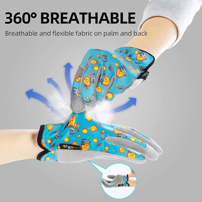 Vgo... 1-Pair Age 8-9 Kids Gardening Gloves,Children Yard Work Gloves,Soft Safety Outdoor Playing Gloves (Size XXL,Blue Plane, KID-MF7362)