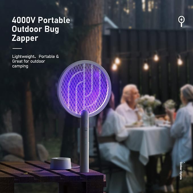 Electric Fly Swatter Racket, Mosiller 4000V 2 in 1 Bug Zapper with USB Rechargeable Base, Powerful Mosquitoes Trap Lamp & Fly Killer with 3-Layer Safety Mesh for Home, Indoor, Bedroom, Patio (2 Pack)