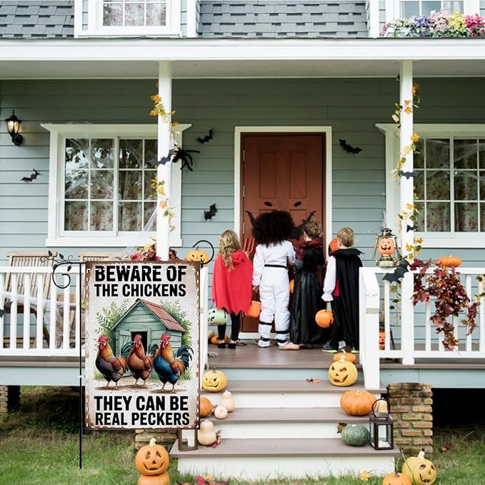 Fokongna Funny Garden Flag, Beware Of The Chickens Farm Funny Chicken Garden Flag, 12x18 Inch Burlap Vertical Double Sided Flags, for Home Yard Outside Decorations