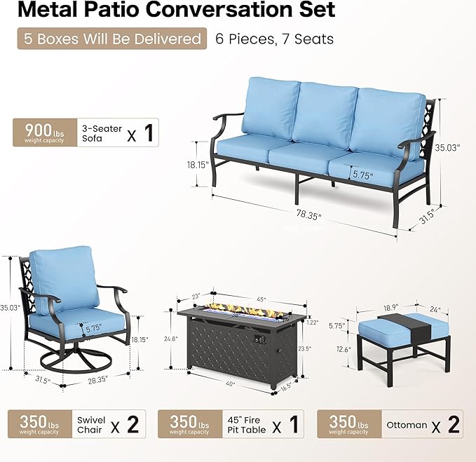 6 Piece Metal Outdoor Patio Furniture Set with Firepit Table, Patio Conversation Set 1 3-seater Sofa, 2 Swivel Chair, 2 Ottoman with 5.75" Thick Cushion, Black Backyard Furniture, Blue