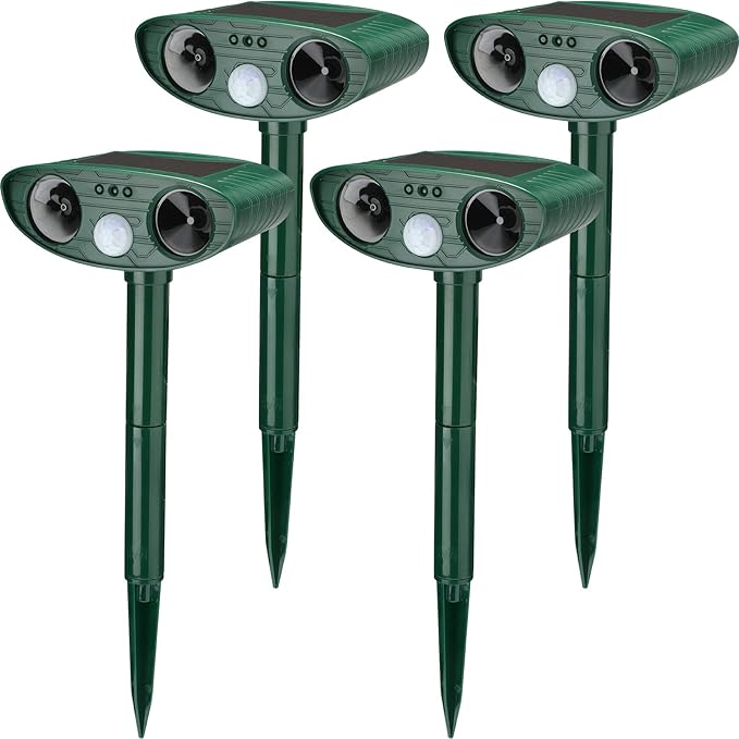 Ultrasonic Animal Repeller Outdoor Solar Ultrasonic Repellent Animal Deterrent with Motion Sensor Waterproof Deterrent Scarer Repel Cat Dog Squirrel Raccoon Skunk Rats (Green,4 Pack)