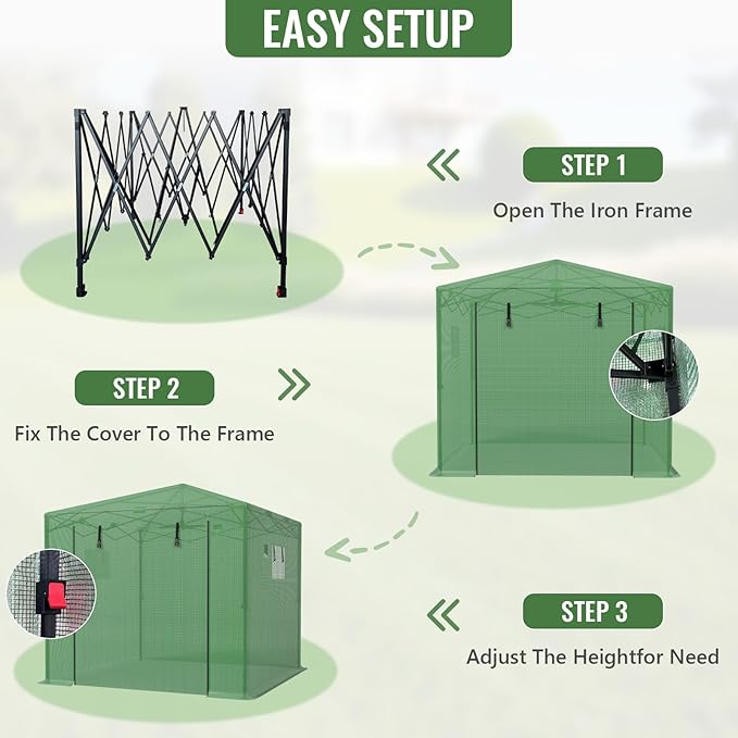 10X10 FT Pop Up Greenhouse,Greenhouse for Outdoors, Portable Walk-in Greenhouses with Roll-Up Zipper Door, PE Cover Greenhouses for Garden and Backyard, Easy Setup