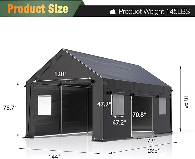 Polar Aurora Carport, 12x20 FT Heavy Duty Carport with Side-Opening Door & Roll-Up Windows, Car Port Canopy, Outdoor Portable Garage for Car, Truck, Boat, Motorcycle