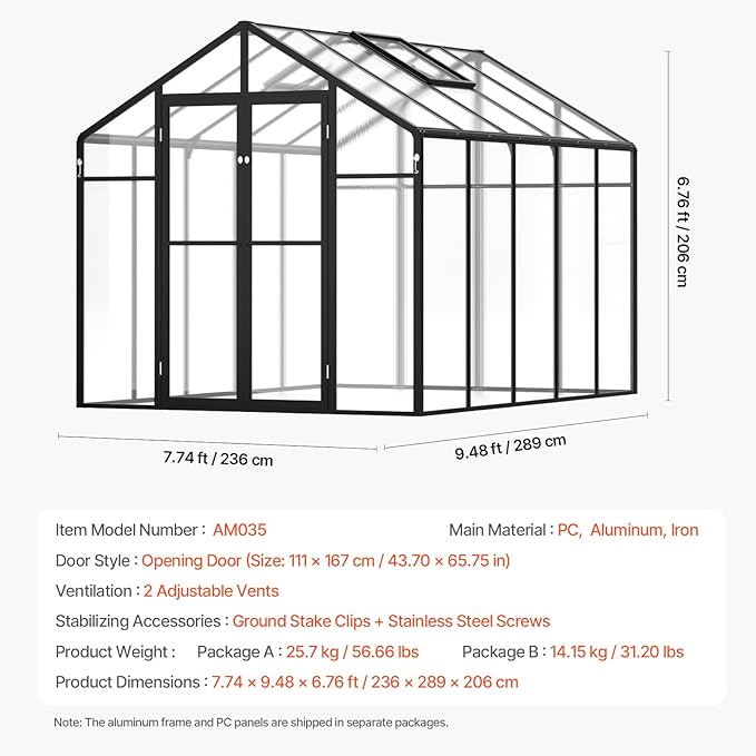 VEVOR Polycarbonate Garden Greenhouse, 8 x 10 Ft, with 2 Ventilation Windows, Hinged Door, Pavilion Style, Large Aluminium Greenhouse Kit, Flower Plant Shelter for Outdoors, Backyard