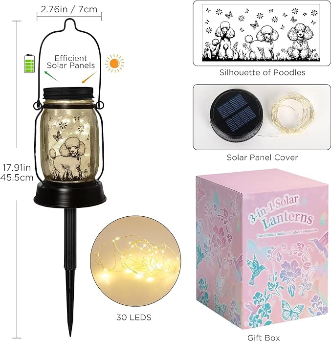 Poodle Gifts for Women/Men, Poodle Solar Lanterns Dog Mom Birthday, Dog Lovers Lantern, Pet Loss Pet Memorial Lights, Solar Garden Decoration Outside for Yard, Patio,Backyard,Porch