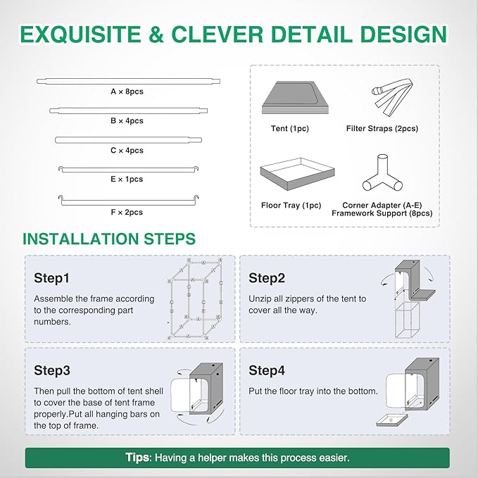 Yesker 5x5 Grow Tent 60"x60"x80" High Reflective Mylar Large Indoor Growing Tents 600D Oxford Cloth with Observation Window and Removable Floor Tray for Hydroponics Indoor Plants Fruit Flower Growing
