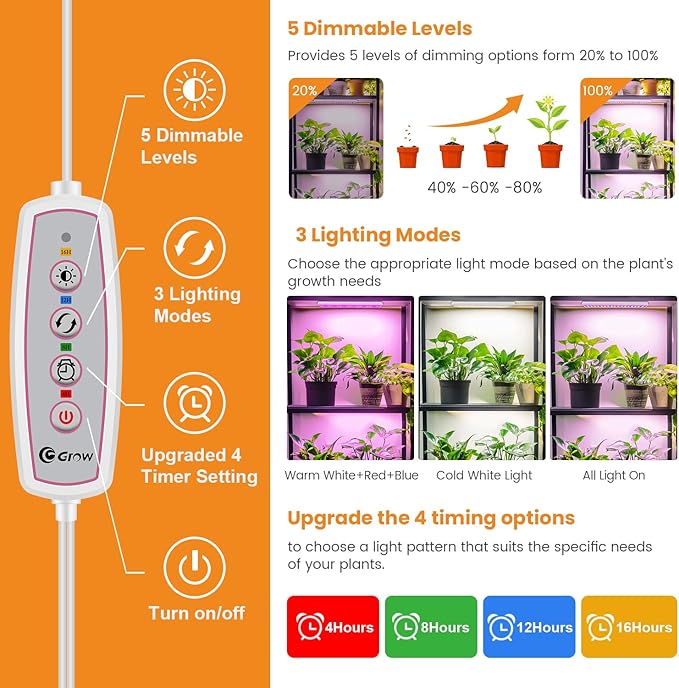 Grow Lights, 20W Red Blue White LED Full Spectrum Plant Lights for Indoor Growing, 210 LEDs Grow Lights for Indoor Plants with 4/8/12/16H Auto Timer,3 Switch Modes, 5 Dimming Levels, 2 Pack.