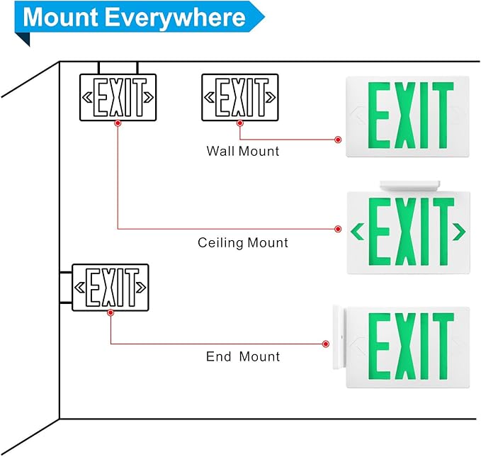 SPECTSUN 2-Packs Emergency Exit Sign - Dual-Directional Green LED Lights with 90-Min Battery Backup, UL Listed AC 120/277V Hardwired for Fire Safety Compliance (Adjustable Heads, Wall/Ceiling Mount).