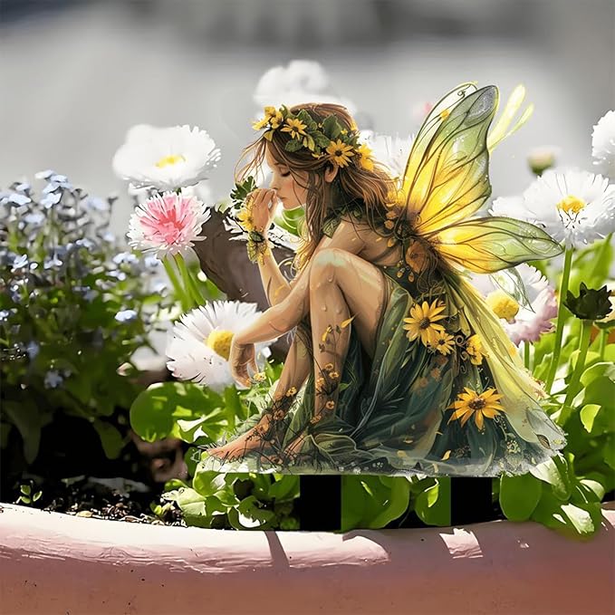 Fairy Garden Stake Decor, 2D Flat Acrylic Fairy Garden Decor Panel, Elf Yard Sign for Outdoor Indoor Yard Lawn Plants Pots, Fairy Yard Accessories (Green Fairy)