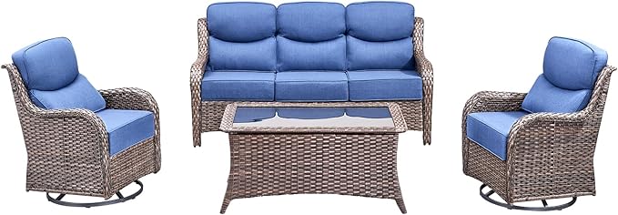 Luxury High Back Outdoor Furniture with 6-Inch Thick Cushions, Patio Furniture Set with Swivel Chairs, 4 PCS Wicker Conversation Set for Porch, Balcony, Deck and Yard