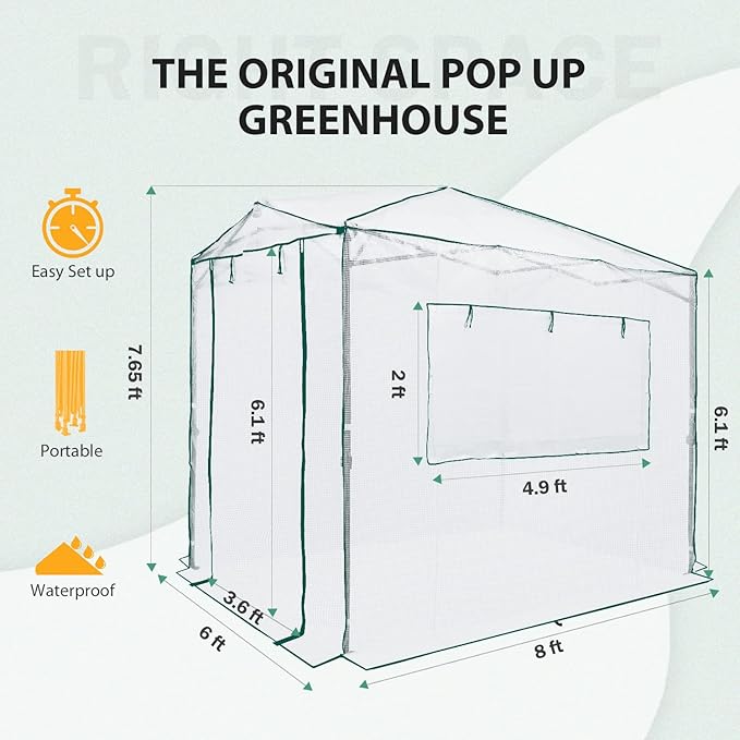 EAGLE PEAK Instant Pop-up Greenhouse, Indoor Outdoor Plant Gardening Green House, Roll-Up Zipper Doors and Side Windows, Walk in 8x6 ft, White/Clear