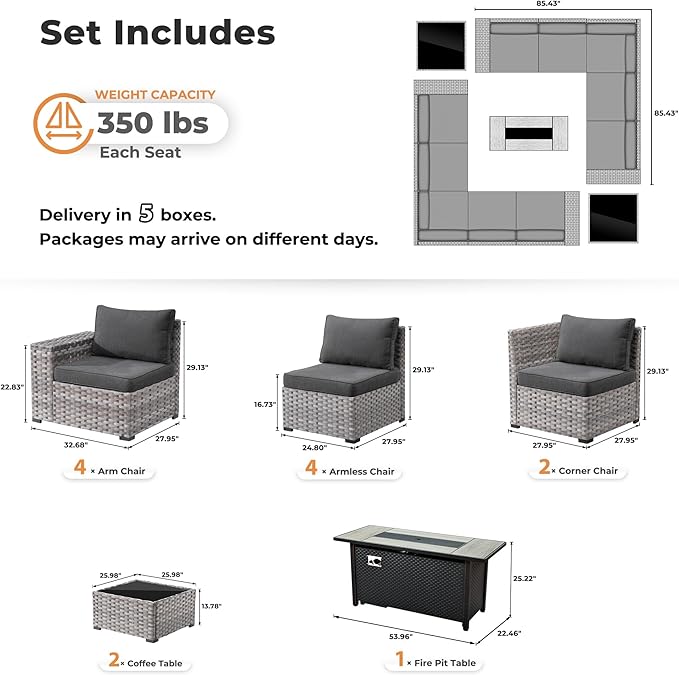 ovios 13 Pieces Patio Furniture Set, Outdoor Wicker Sectional Sofa with 54 Inch Fire Pit Table Comfy Cushions, Modern Modular Deep Seat Rattan Couch Conversation Set, Black