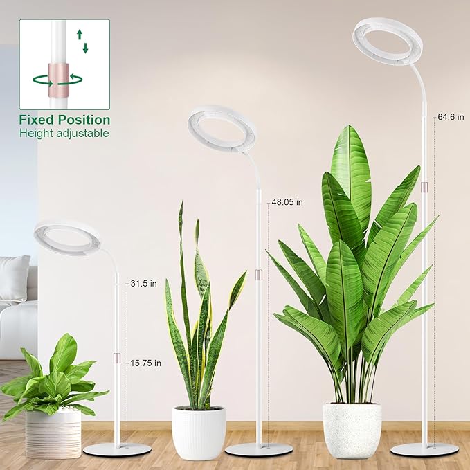 LBW Full Spectrum Grow Light with Stand – Auto Timer (4/8/12H), 4 Dimmable Levels, Adjustable Height (48.8-64.6"), Ideal for Large Indoor Plants, White