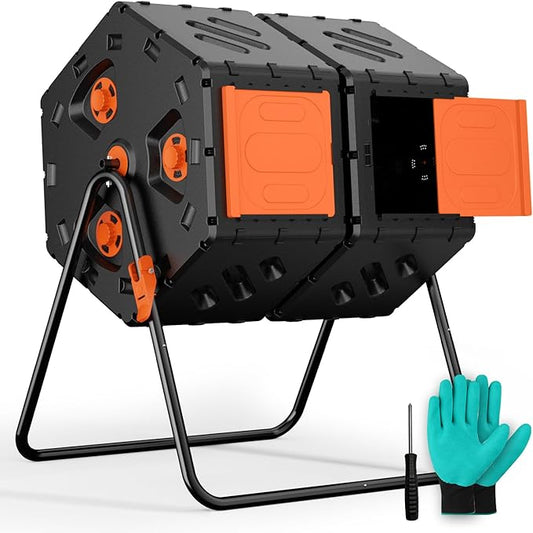 Compost Bin 45 Gallon, Easy Assemble Composter Tumbler, Dual Chamber Large Compost Bin Outdoor for Fast Composting, 360°Rotating Composter for Outside, Garden, Backyard, and Yard