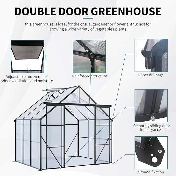 KEIKI 8x6 FT Double Door Upgrade Polycarbonate Greenhouse with Aluminum Frame,Raised Base and Roof Vent,Walk-in Greenhouses for Patio Garden