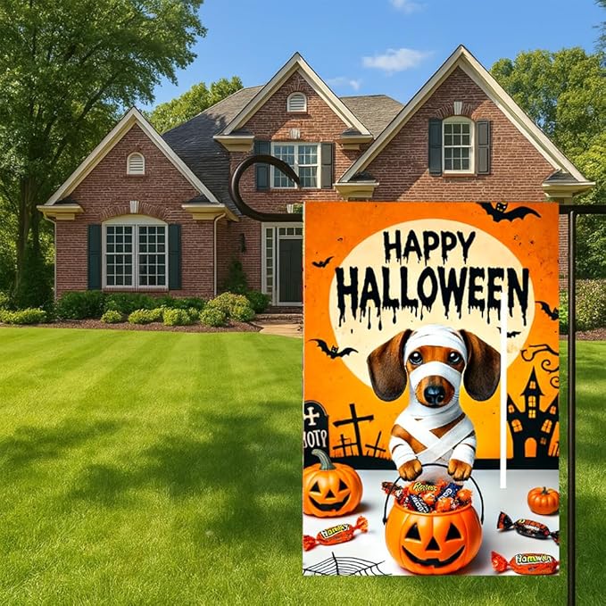 Halloween Garden Flag 11.81 x 17.72 Inch Dachshund Dog in Mummy Costume with Pumpkin Candy Bucket Full Moon and Bats Outdoor Yard Decoration for Holiday Party