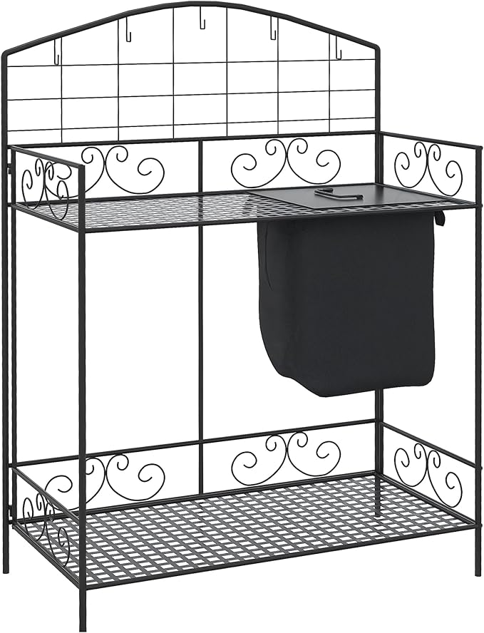 Outsunny Folding Potting Bench Table, Metal Garden Workstation, Work Bench with Large Build-in Bag with Cover, 5 Hanging Hooks & Storage Shelf, Flourishes